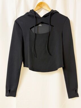 Buffbunny Collection Black Cropped Hoodie Sweater with Cutout Medium